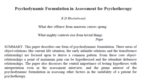 Psychodynamic Formulation in Assessment for Psychotherapy